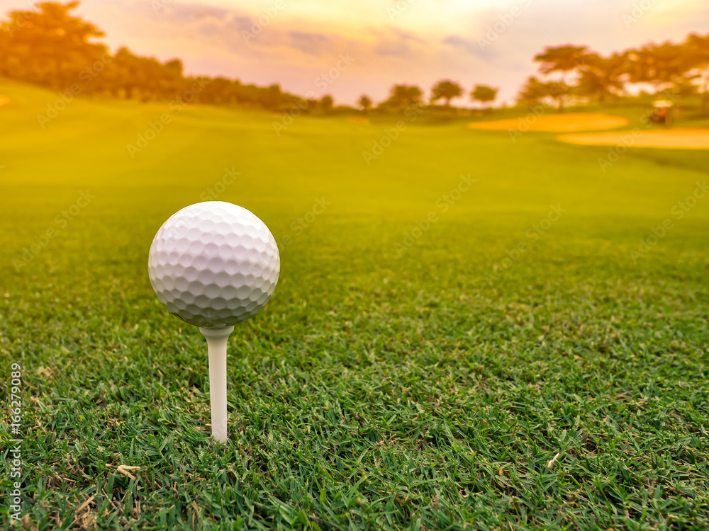 Close up of professional golf ball on a tee, ready for tee off shot, sunrise background Close up of professional golf ball on a tee, ready for tee off shot, sunrise background
