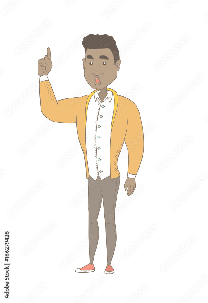 Obraz premium African man with open mouth pointing finger up.