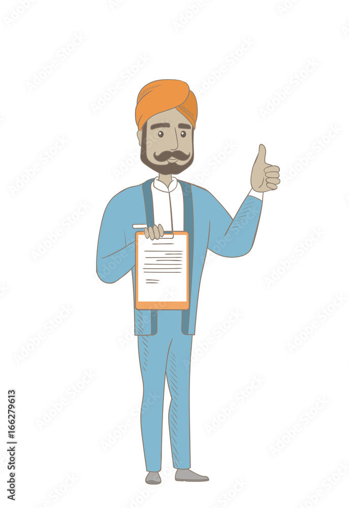 Hindu businessman with clipboard giving thumb up.