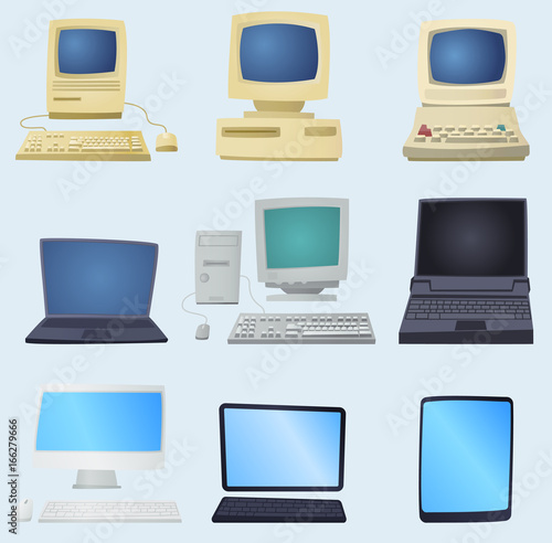 Computer technology vector illustration telecommunication equipment metal pc monitor office network computer device