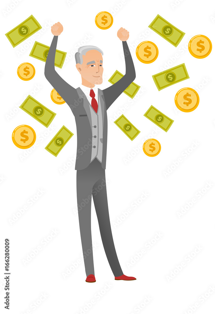 Senior caucasian busiessman under money rain. Senior caucasian busiessman under money rain.