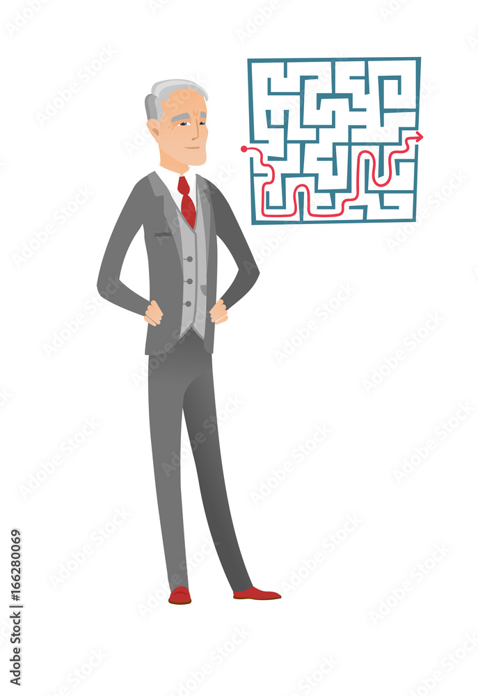 Businessman looking at labyrinth with solution. Businessman looking at labyrinth with solution.