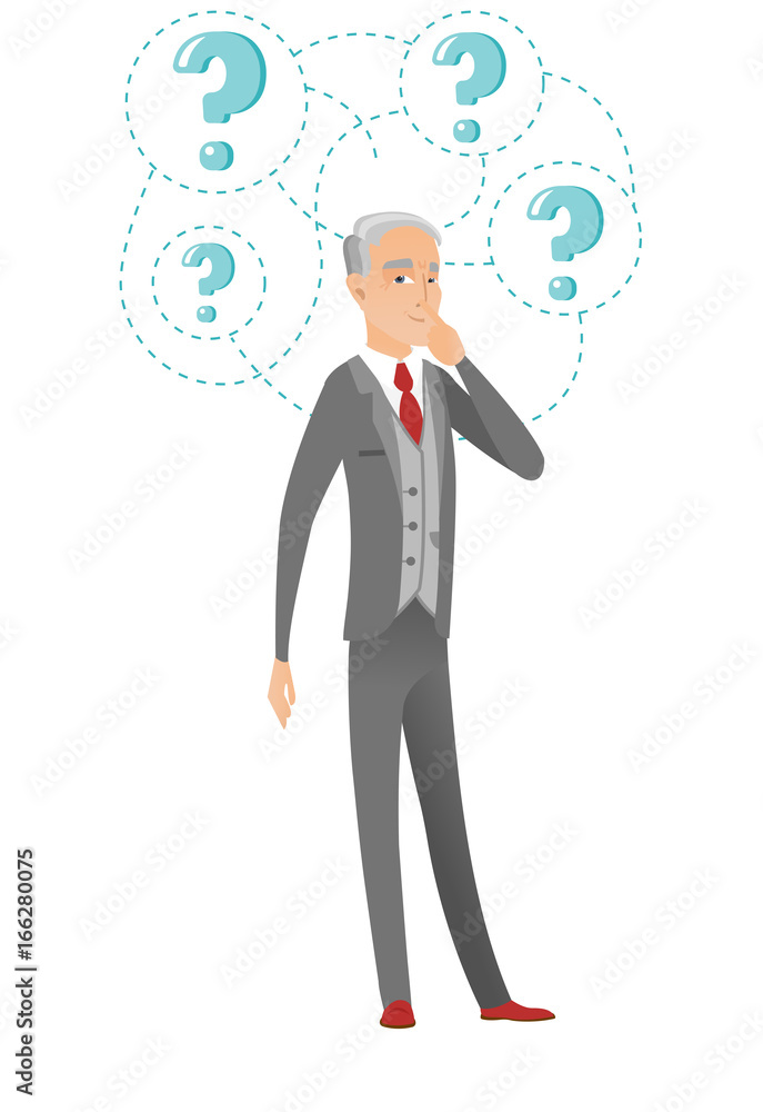 Senior caucasian businessman under question marks. Senior caucasian businessman under question marks.