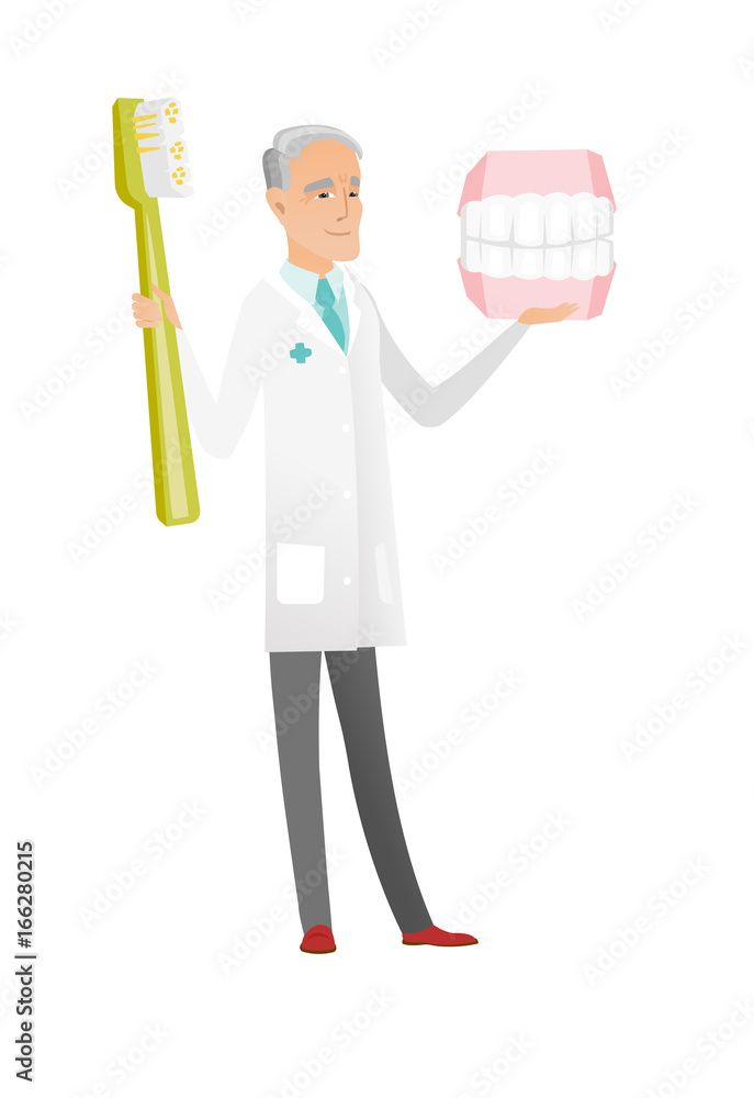 Dentist with dental jaw model and toothbrush. Dentist with dental jaw model and toothbrush.