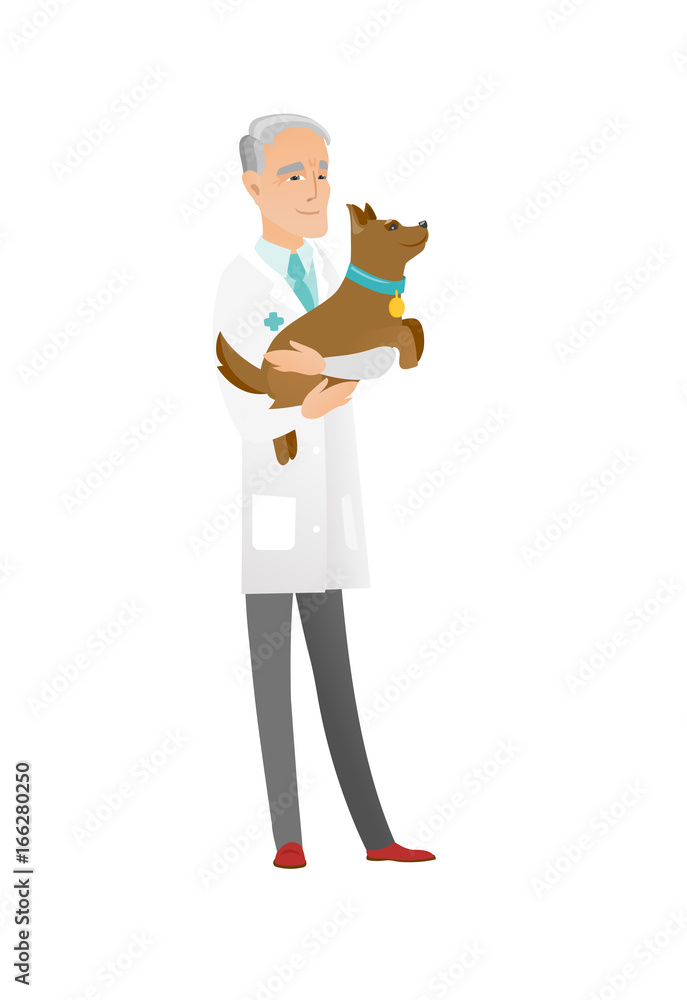 Senior caucasian veterinarian with dog in hands. Senior caucasian veterinarian with dog in hands.