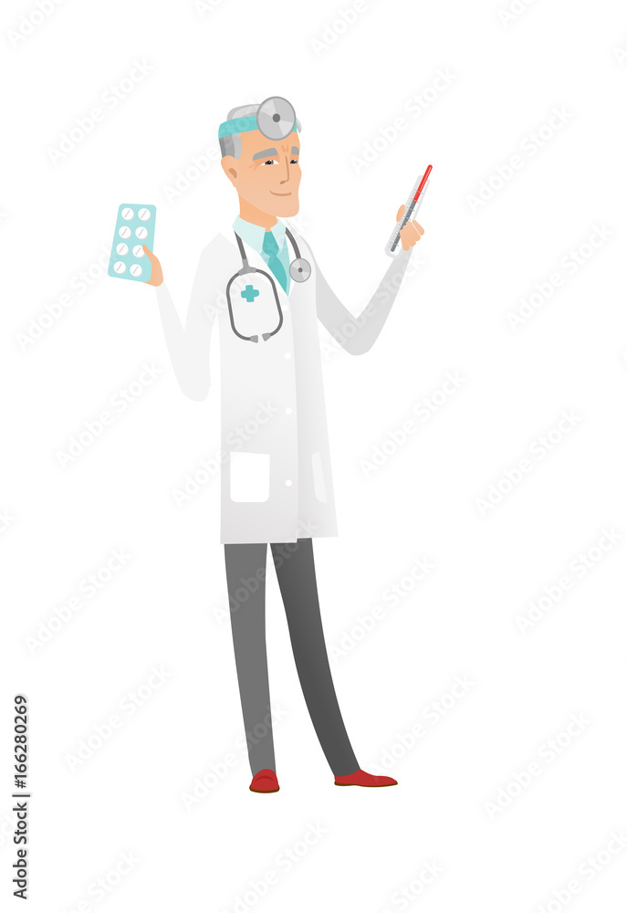 Otolaryngologist holding thermometer and pills. Otolaryngologist holding thermometer and pills.