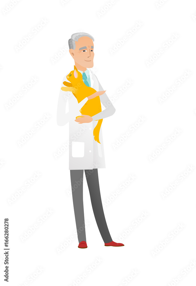 Senior caucasian veterinarian with cat in hands. Senior caucasian veterinarian with cat in hands.