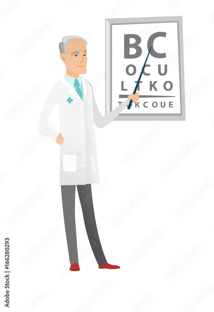 Caucasian ophthalmologist holding eyeglasses.