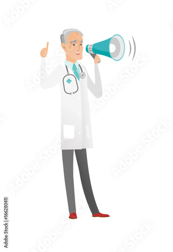 Senior caucasian doctor talking into loudspeaker.