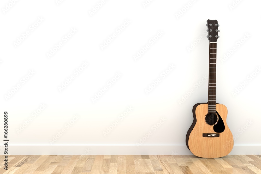 Fototapeta gitara akustyczna w pustym białym pokoju parkiet z drewna w renderowaniu 3D
