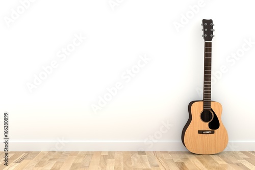 acoustic guitar in empty white room wood parquet floor in 3D rendering