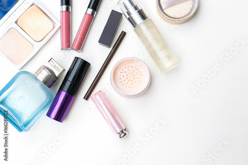 Close up of makeup cosmetic set stuff. top view