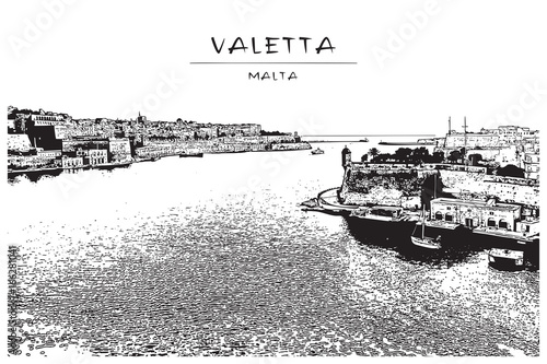 Valletta, Malta. Black and white panorama of the city harbor, fortress and old town. Vector illustration.
