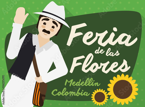 Traditional Colombian Arriero over Sign for Festival of the Flowers, Vector Illustration photo