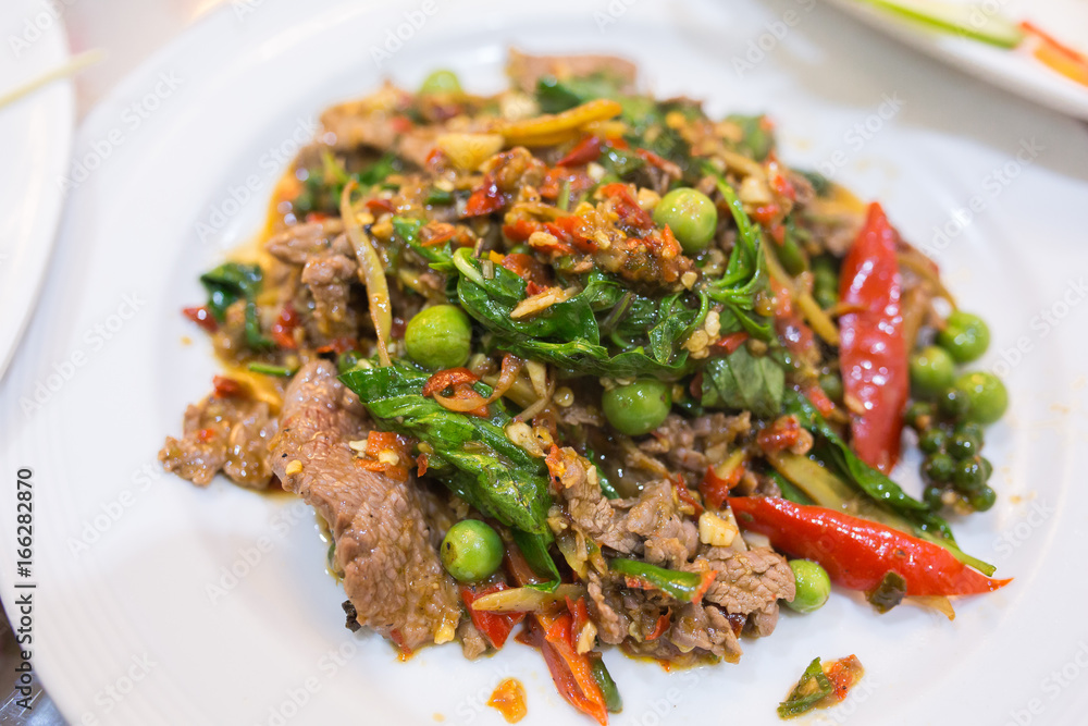 Closup Stir-fried beef (Thai food menu)