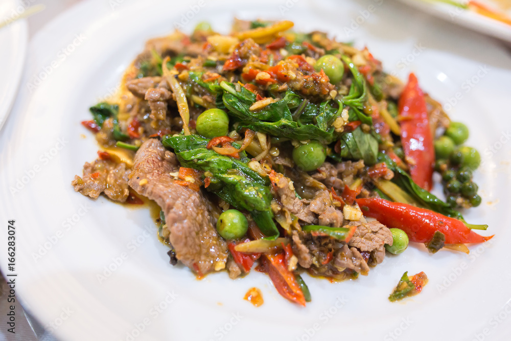 Closup Stir-fried beef (Thai food menu)