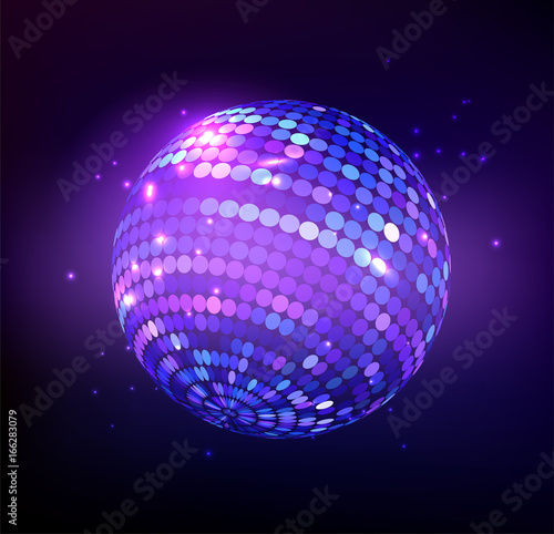 Disco ball isolated illustration. Night Club party light element. Bright mirror golden ball