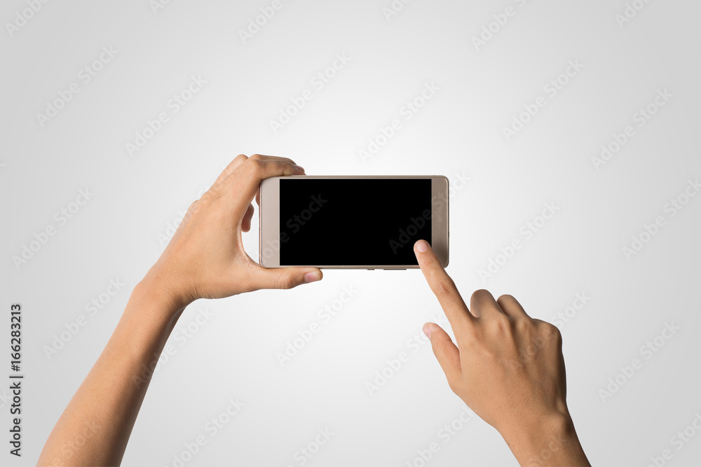 Woman Hand holding smart phone blank screen. Copy space. Hand holding smartphone isolated on white background. Woman Hand holding smart phone blank screen. Copy space. Hand holding smartphone isolated on white background.