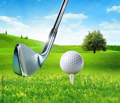 Golf ball and putter on green grass field