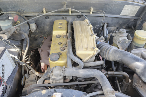 Dirty car engine room