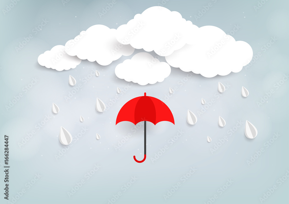 Umbrella protection from rain and clouds background. Paper art style. Vector illustration