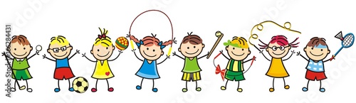 Happy kids, group of girls and boys, leisure game, sport equipments, vector funny illustration