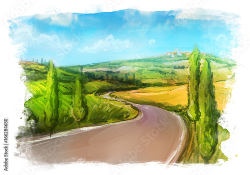 Tuscany: Rural landscape with fields and hills.