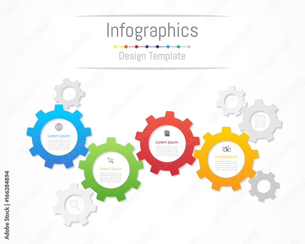 Infographic design elements for your business data with 4 options, parts, steps, timelines or processes. Gear wheel concept, Vector Illustration. Infographic design elements for your business data with 4 options, parts, steps, timelines or processes. Gear wheel concept, Vector Illustration.