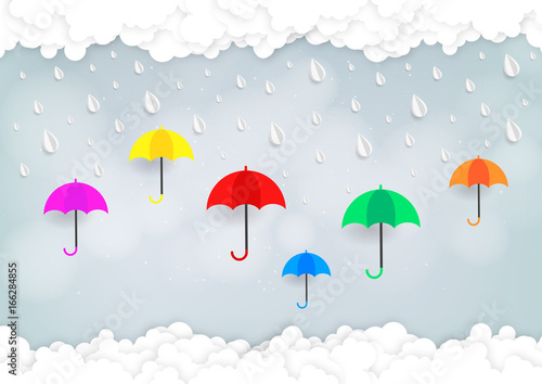 Origami made colorful umbrella protection from rain and clouds background. Paper art style. Vector illustration