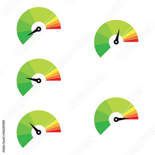 Set of measuring icons. Speedometer or rating meter signs infographic gauge elements. 5 Set of measuring.
