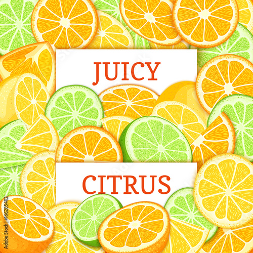 Two white rectangle label on orange lime lemon fruit background. Vector card illustration. Tropical citrus and juicy fruits and slice for design of food packaging juice breakfast detox diet, jam