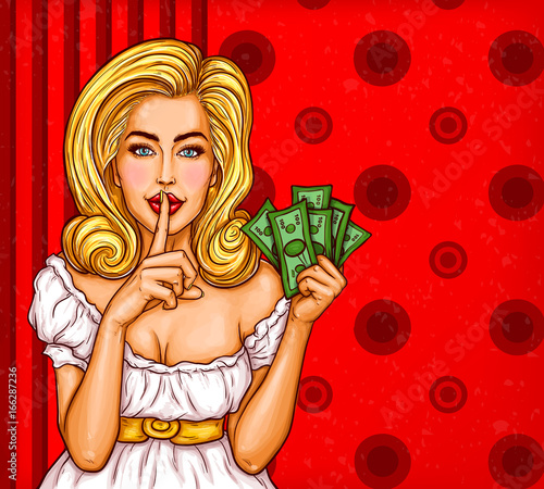 Vector pop art illustration of a sexy girl with money in hand holding her finger on her lips and asking for silence, quiet, do not tell anyone. Advertising poster for advertising discounts and sales