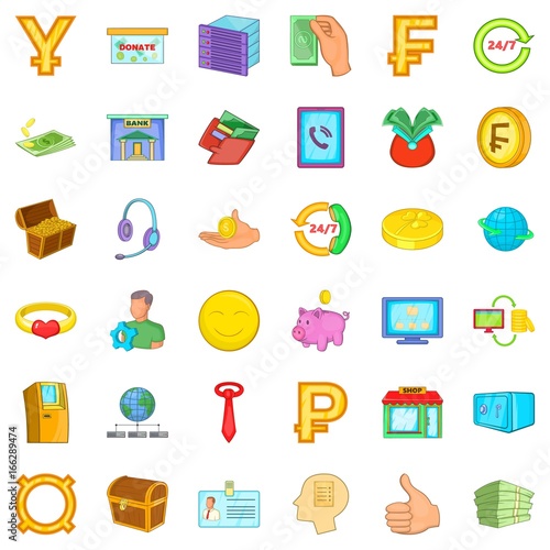 Money in bank icons set, cartoon style