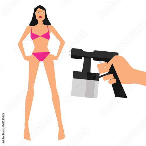Vector tanning spray machine illustration with hand
