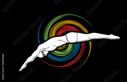 Man jumping into swimming pool designed on spin wheel background graphic vector