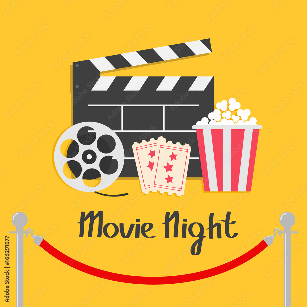 Fototapeta premium Movie night. Red rope barrier stanchions turnstile facecontrol Open clapper board reel Popcorn box Ticket Admit one. Three star. Cinema icon set. Flat design style. Yellow background.