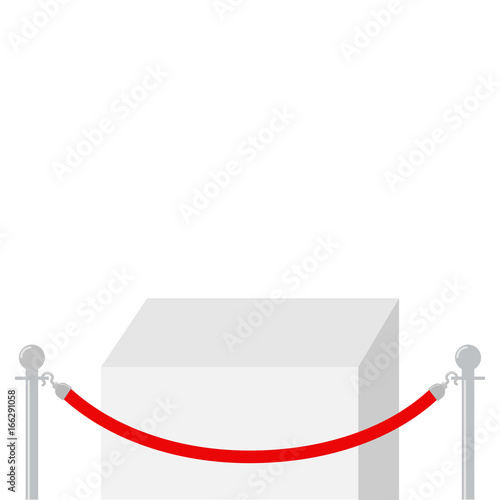 Red rope barrier stanchions turnstile facecontrol Square stage podium. Empty pedestal for display. 3d realistic platform for design. White background Template. Flat design