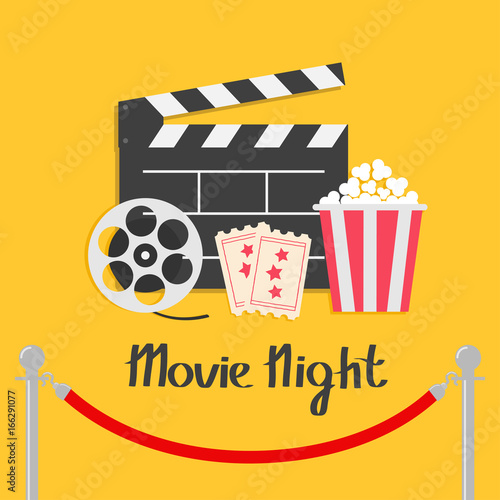 Movie night. Red rope barrier stanchions turnstile facecontrol Open clapper board reel Popcorn box Ticket Admit one. Three star. Cinema icon set. Flat design style. Yellow background.