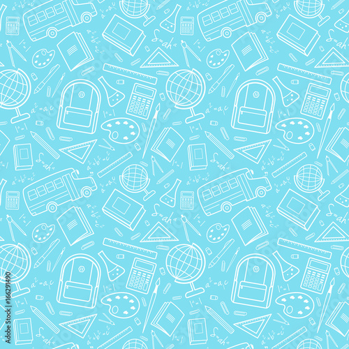 Vector seamless simple pattern with school items (backpack, pencil, notebook, ruler, globe, bus). Back to school blue background for printing on fabric, paper for scrapbooking, gift wrap, wallpapers.
