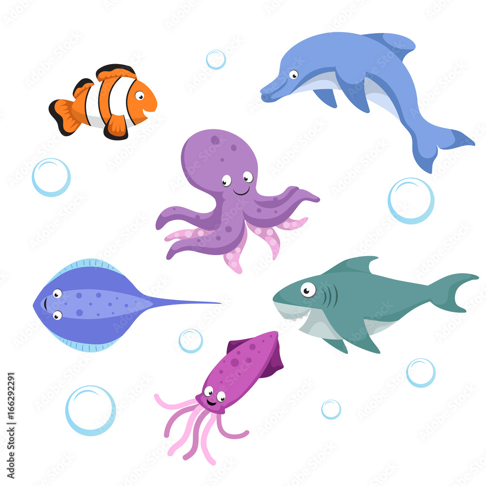 Vector cartoon different sea and ocean animals set. Isolated vector illustration. Clownl fish, octopus, stingray, shark, dolphin, cuttlefish. Vector cartoon different sea and ocean animals set. Isolated vector illustration. Clownl fish, octopus, stingray, shark, dolphin, cuttlefish.