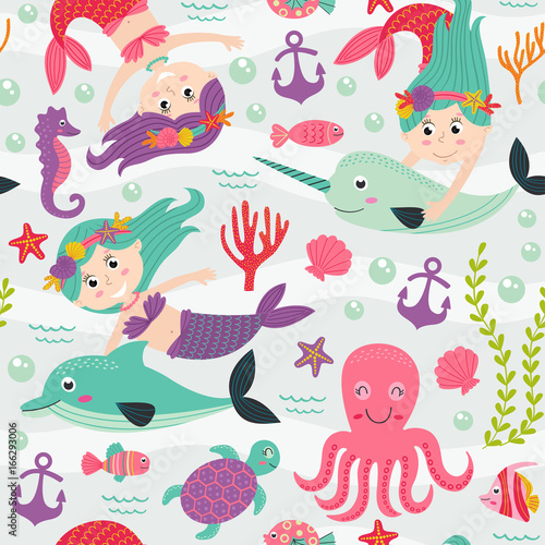seamless pattern with mermaid and marine animals - vector illustration, eps 
