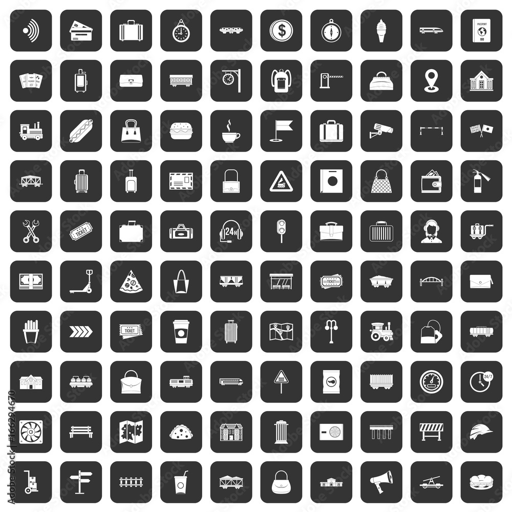 100 railway icons set black 100 railway icons set black