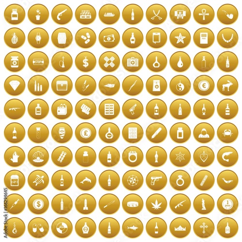 100 smuggling goods icons set gold