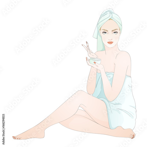 Beautiful girl during beauty ritual, apply cream. Vector hand drawn illustration.