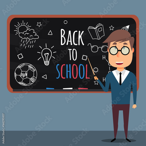 Back to school. Teacher in front of the board with a pointer in his hand. Blackboard with hand drawn doodles. Vector illustration in flat style