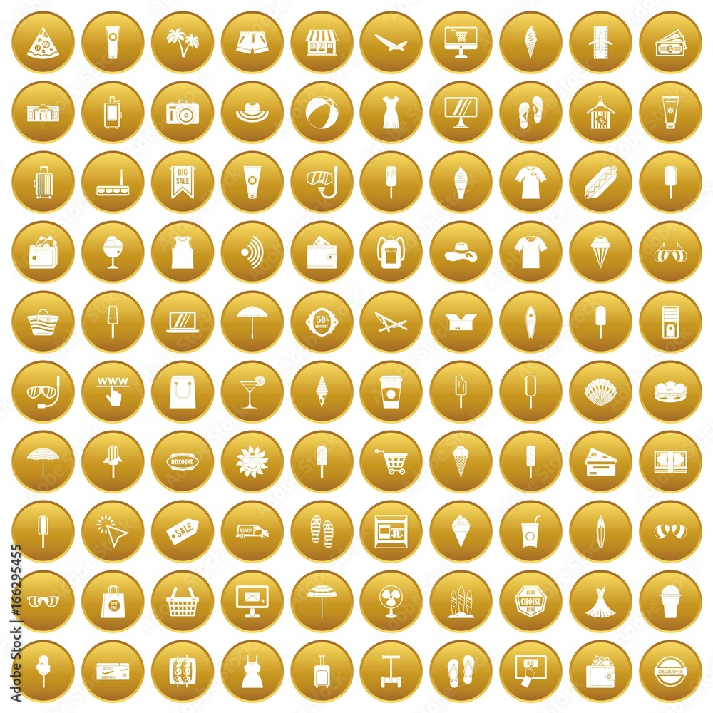 100 summer shopping icons set gold 100 summer shopping icons set gold