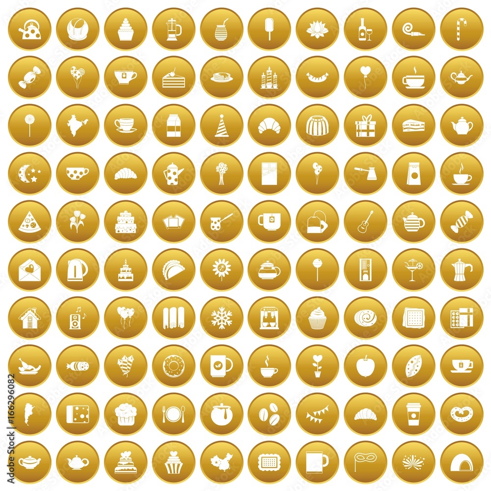 100 tea party icons set gold