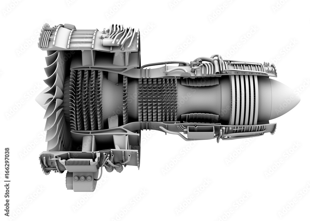 3D clay cutaway render of turbofan jet engine isolated on white ...