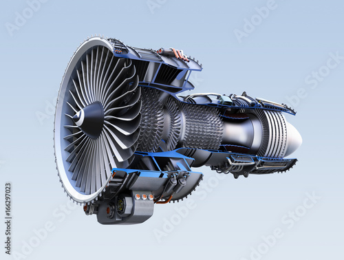 Cross section of turbofan jet engine isolated on light blue background. 3D rendering image. with clipping path