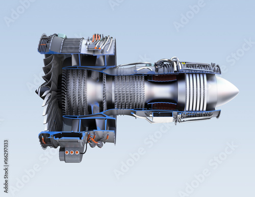 Cross section of turbofan jet engine isolated on light blue background. 3D rendering image. with clipping path